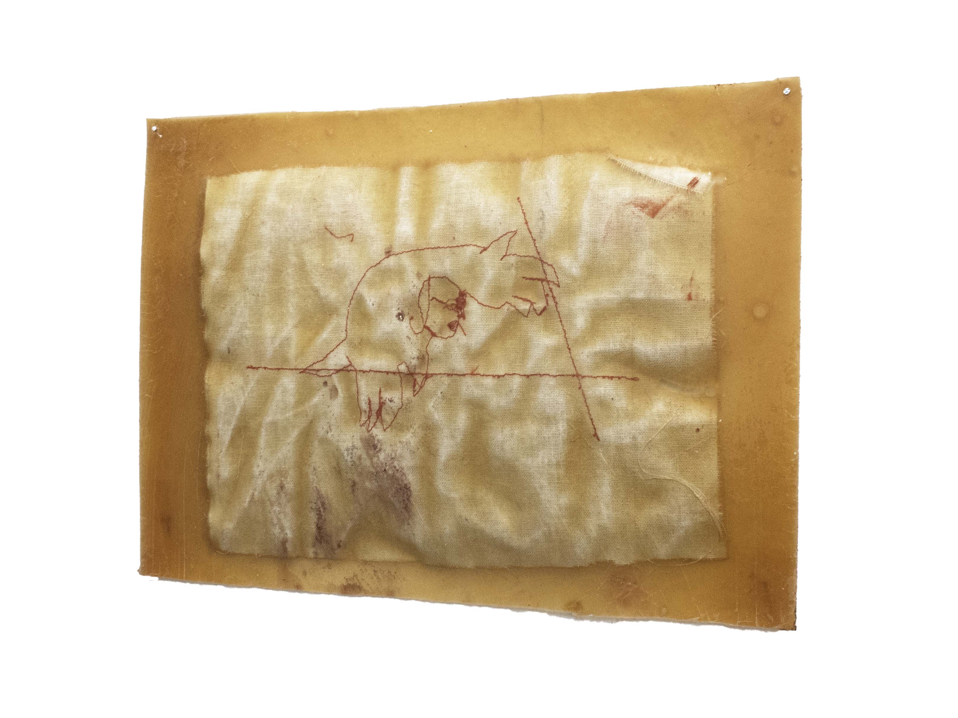 A piece of machine-sewn cloth embedded in latex.